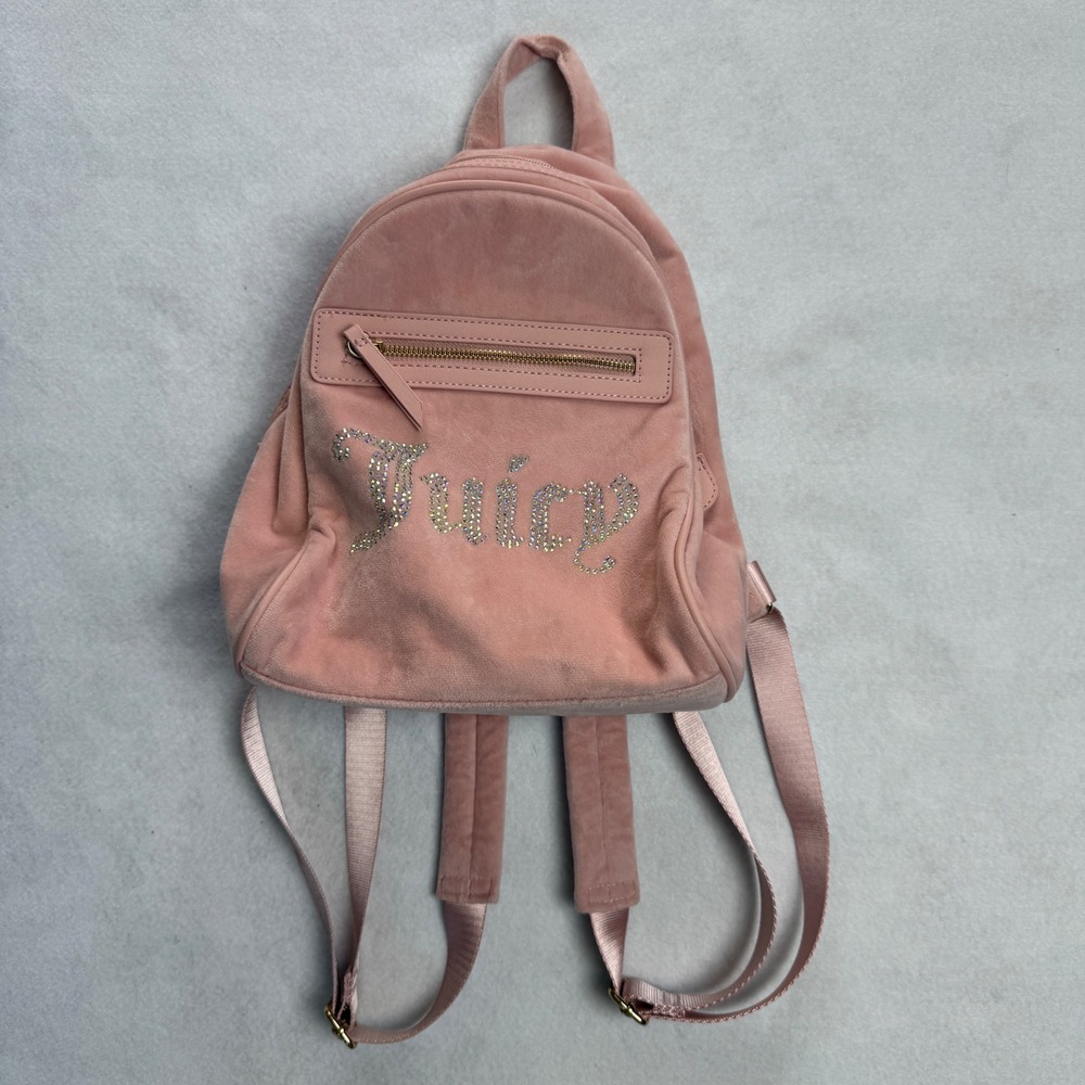 Juicy‎ Couture Pink Velour Mini Backpack Rhinestone Logo Adjustable Straps Y2K